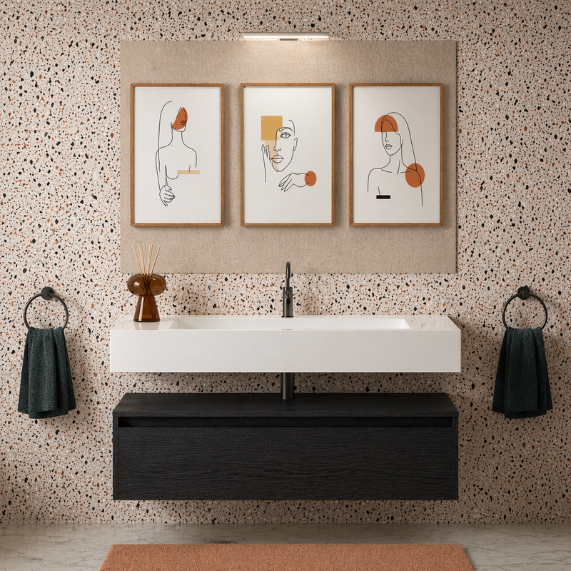 Mobile bagno sospeso Sun 100 cm con lavabo in marmoresina e specchio con lampada LED - Rovere Moro