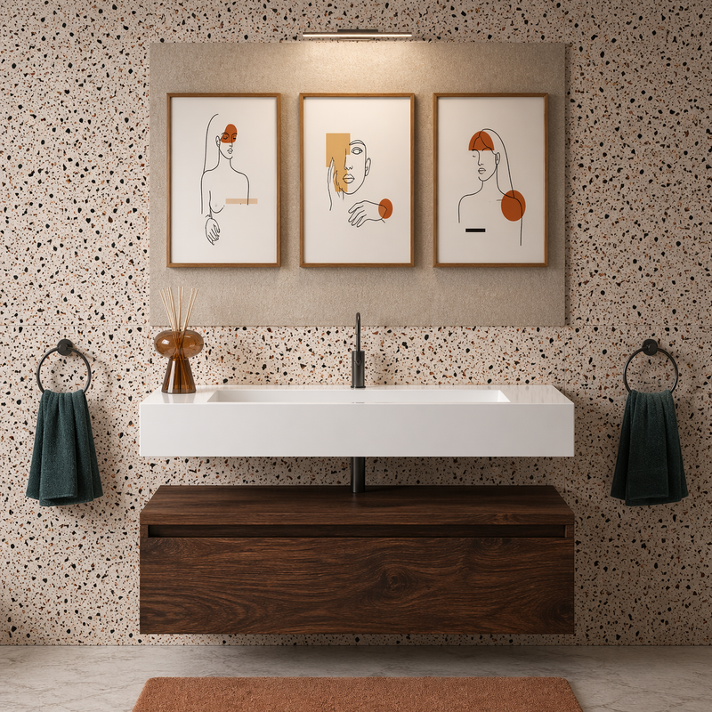 Mobile bagno sospeso Sun 100 cm con lavabo in marmoresina e specchio con lampada LED - Noce
