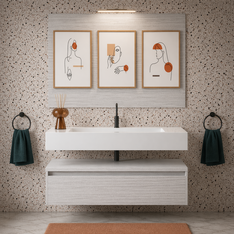 Mobile bagno sospeso Sun 100 cm con lavabo in marmoresina e specchio con lampada LED - Portuna Bianco