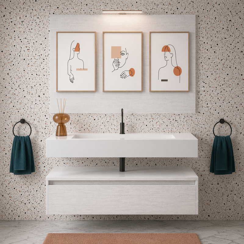 Mobile bagno sospeso Sun 100 cm con lavabo in marmoresina e specchio con lampada LED - Bianco Frassino