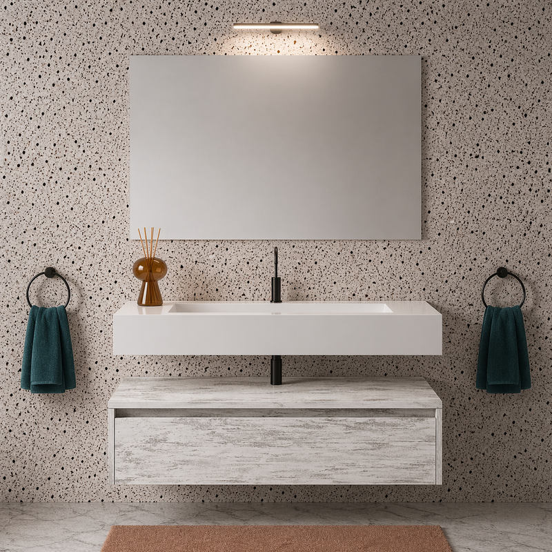 Mobile bagno sospeso Sun 100 cm con lavabo in marmoresina e specchio con lampada LED - Bianco Vintage