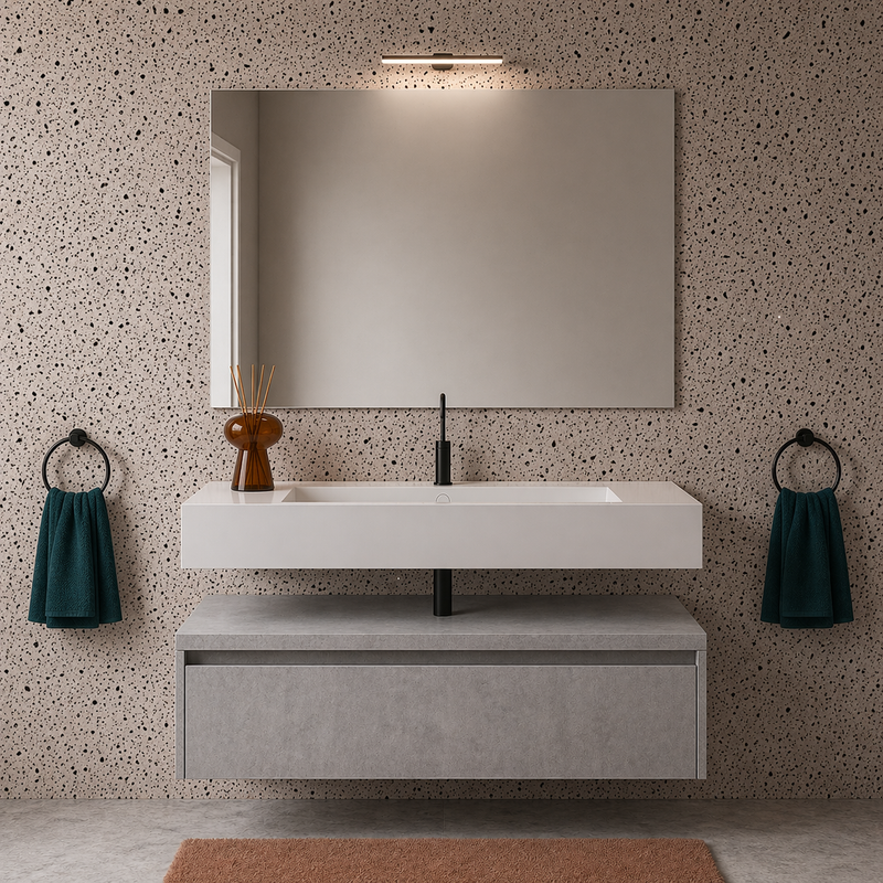 Mobile bagno sospeso Sun 100 cm con lavabo in marmoresina e specchio con lampada LED - Cemento Chiaro