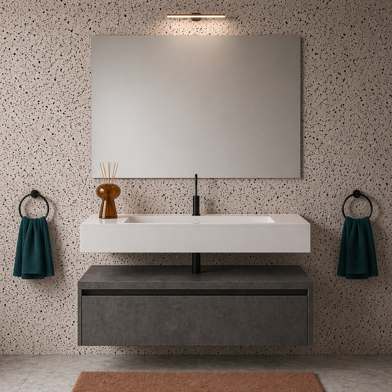 Mobile bagno sospeso Sun 100 cm con lavabo in marmoresina e specchio con lampada LED - Cemento Scuro