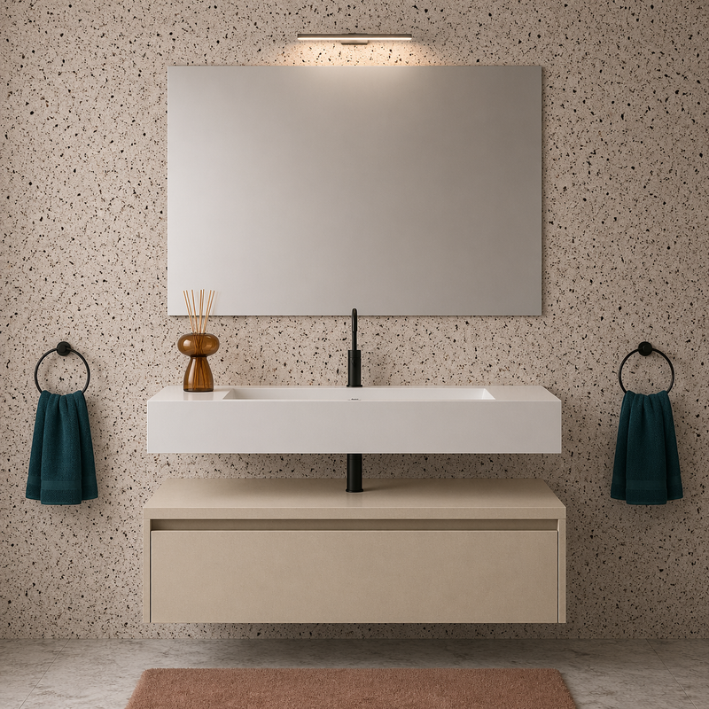 Mobile bagno sospeso Sun 100 cm con lavabo in marmoresina e specchio con lampada LED - Pianta di Vaniglia