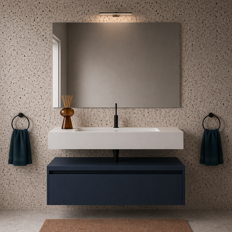 Mobile bagno sospeso Sun 100 cm con lavabo in marmoresina e specchio con lampada LED - Blu Capri
