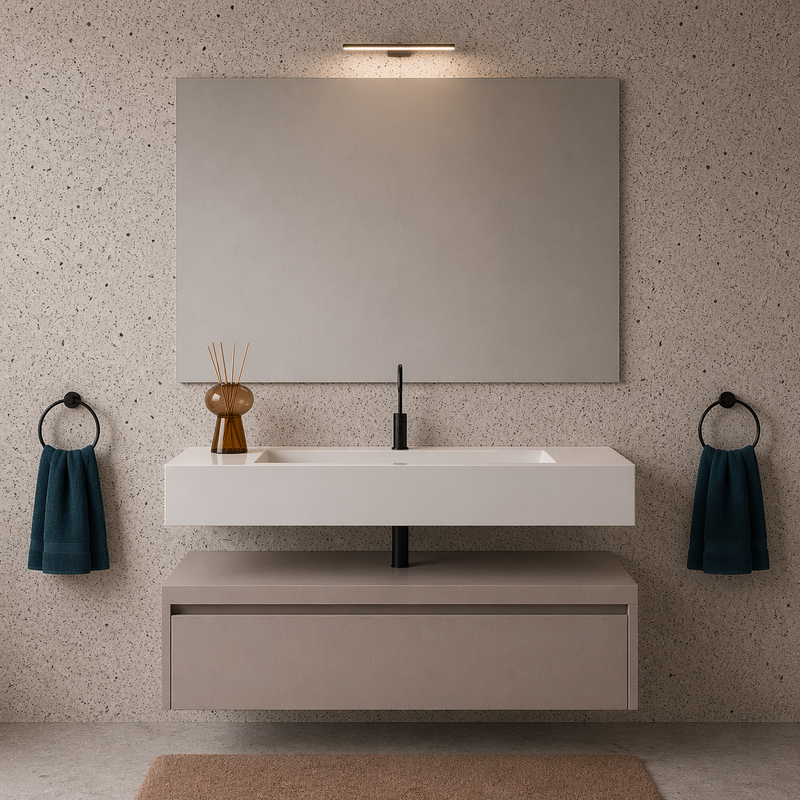 Mobile bagno sospeso Sun 100 cm con lavabo in marmoresina e specchio con lampada LED - Cashmere