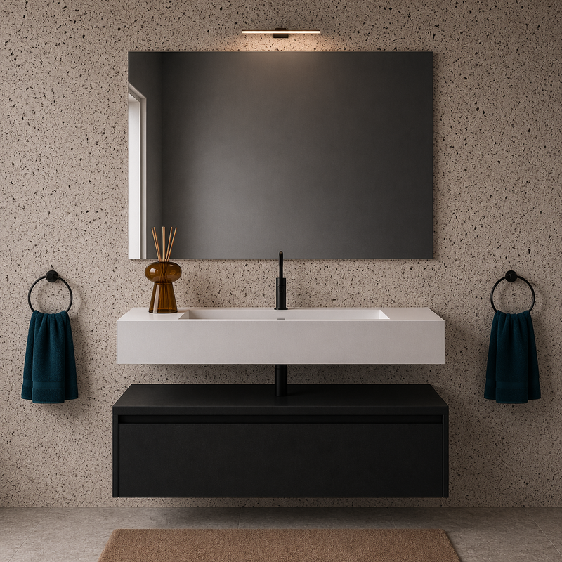 Mobile bagno sospeso Sun 100 cm con lavabo in marmoresina e specchio con lampada LED - Nero Sabbiato