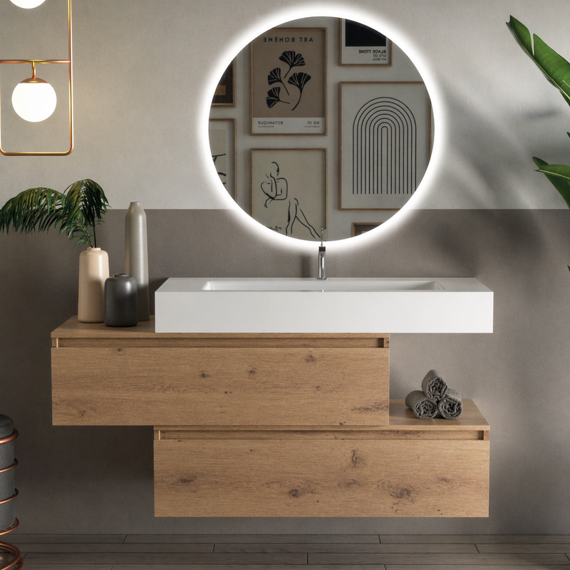 Mobile bagno sospeso Pont 100 cm con lavabo in marmoresina e specchio retroilluminato LED - Rovere Nodato