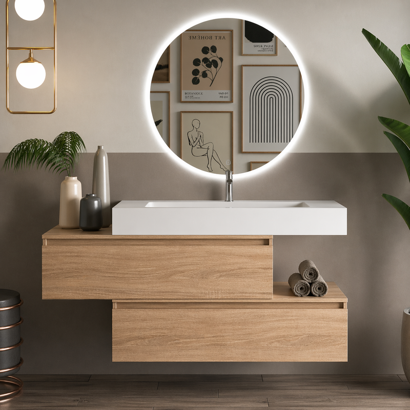 Mobile bagno sospeso Pont 100 cm con lavabo in marmoresina e specchio retroilluminato LED - Rovere Americano