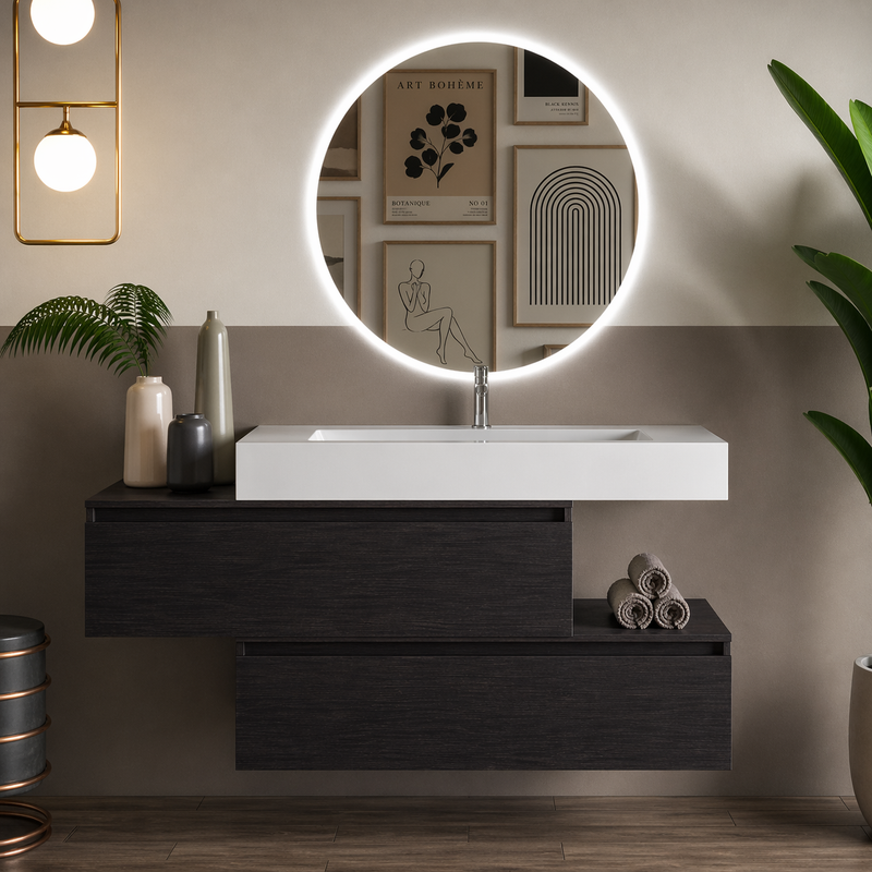 Mobile bagno sospeso Pont 100 cm con lavabo in marmoresina e specchio retroilluminato LED - Rovere Moro