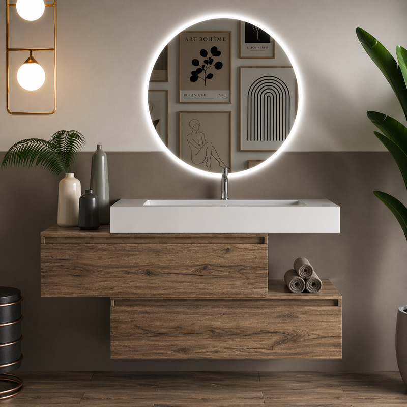 Mobile bagno sospeso Pont 100 cm con lavabo in marmoresina e specchio retroilluminato LED - Olmo Sabbia