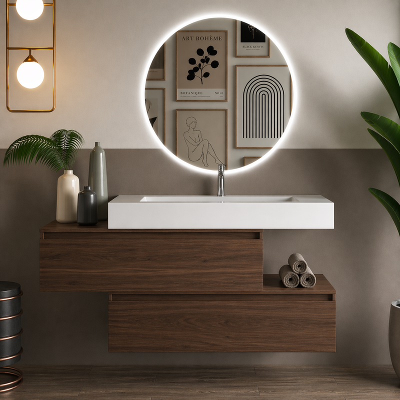 Mobile bagno sospeso Pont 100 cm con lavabo in marmoresina e specchio retroilluminato LED - Noce