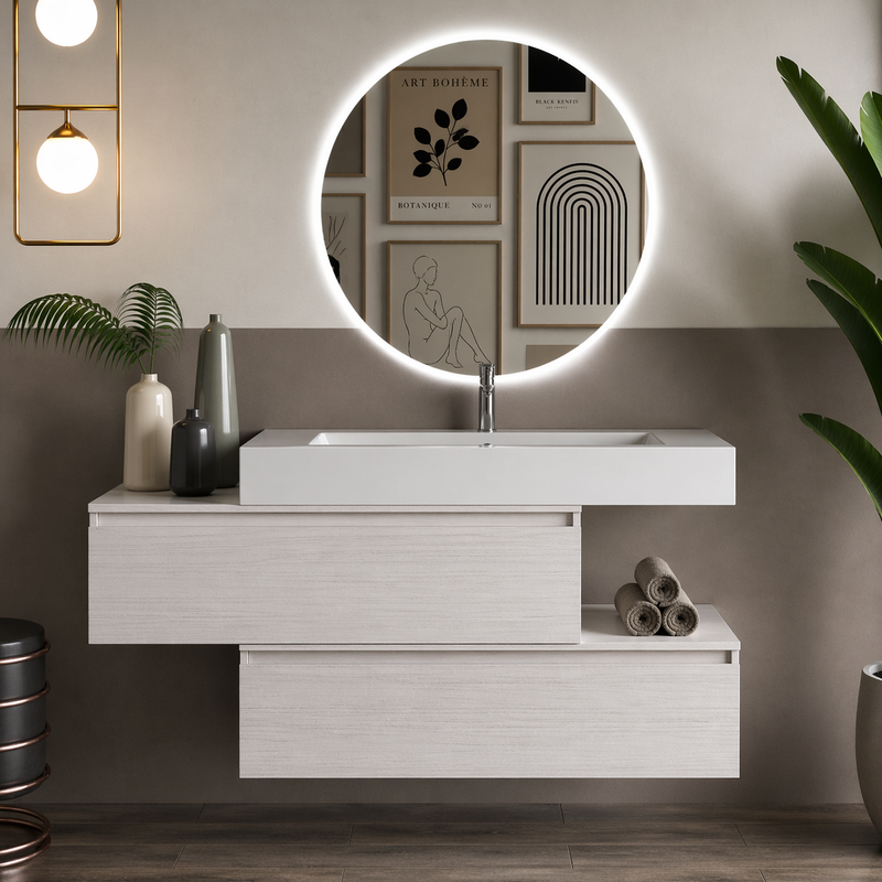 Mobile bagno sospeso Pont 100 cm con lavabo in marmoresina e specchio retroilluminato LED - Bianco Frassino