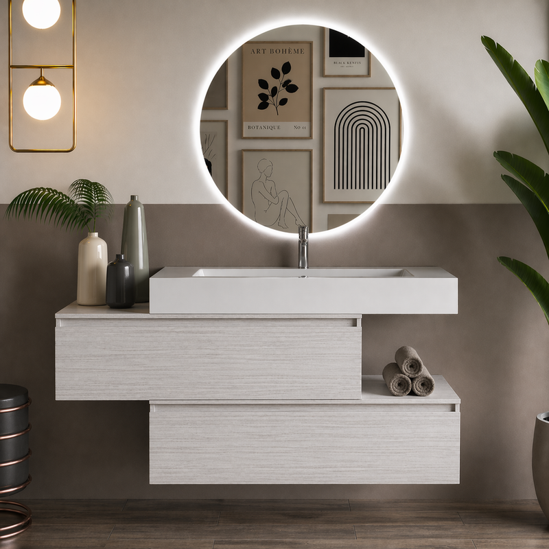 Mobile bagno sospeso Pont 100 cm con lavabo in marmoresina e specchio retroilluminato LED - Portuna Bianco