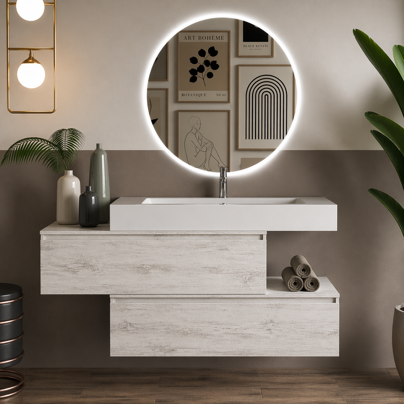 Mobile bagno sospeso Pont 100 cm con lavabo in marmoresina e specchio retroilluminato LED - Bianco Vintage