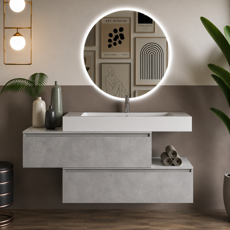 Mobile bagno sospeso Pont 100 cm con lavabo in marmoresina e specchio retroilluminato LED - Cemento Chiaro