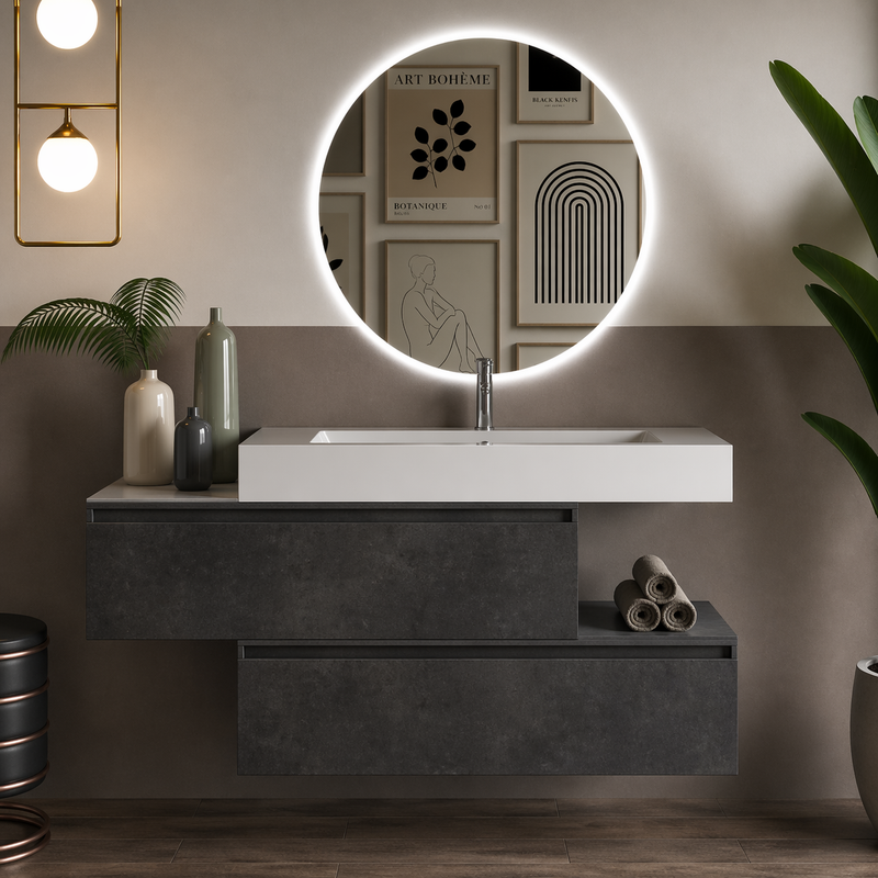 Mobile bagno sospeso Pont 100 cm con lavabo in marmoresina e specchio retroilluminato LED - Cemento Scuro