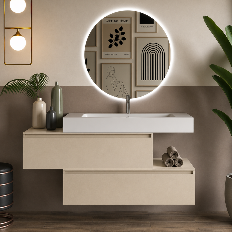 Mobile bagno sospeso Pont 100 cm con lavabo in marmoresina e specchio retroilluminato LED - Pianta di Vaniglia