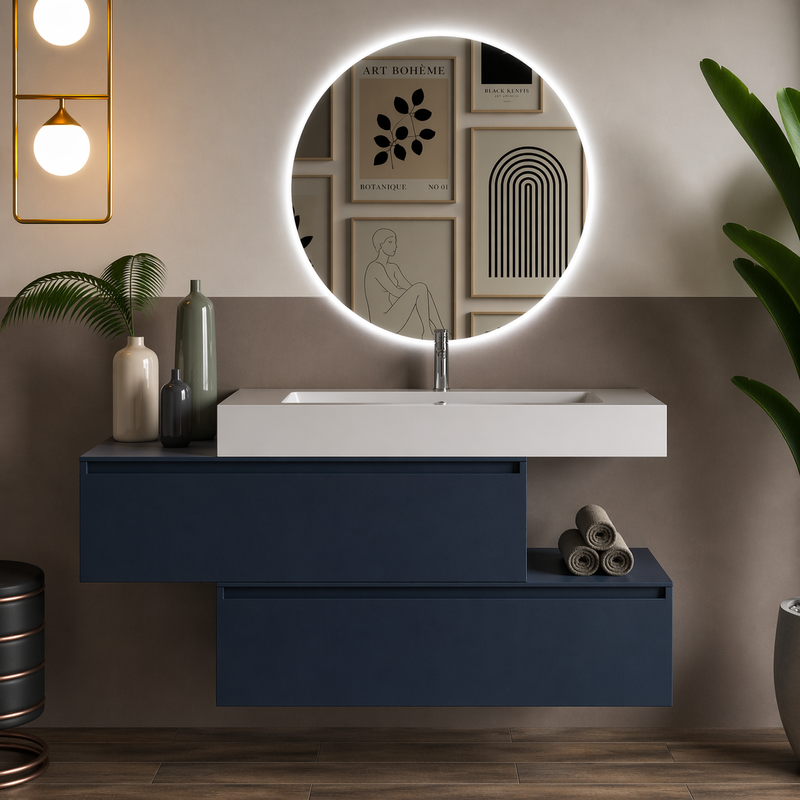 Mobile bagno sospeso Pont 100 cm con lavabo in marmoresina e specchio retroilluminato LED - Blu Capri