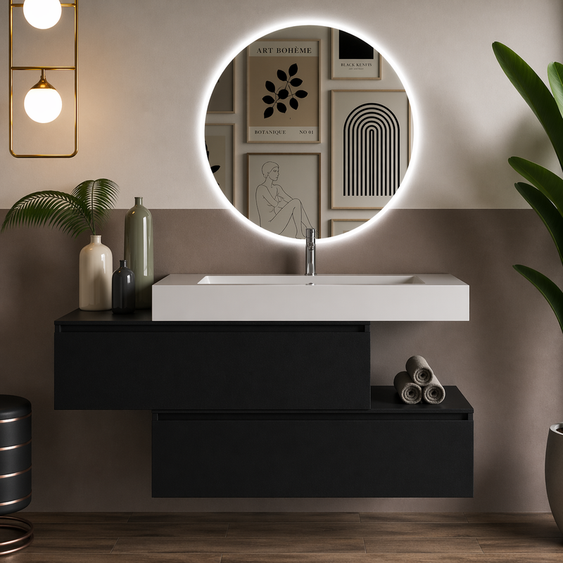 Mobile bagno sospeso Pont 100 cm con lavabo in marmoresina e specchio retroilluminato LED - Nero Sabbiato