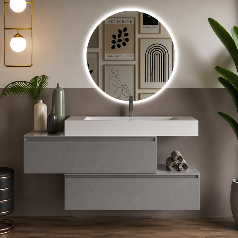 Mobile bagno sospeso Pont 100 cm con lavabo in marmoresina e specchio retroilluminato LED - Grigio Londra