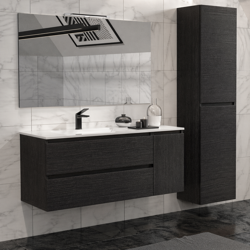 Mobile bagno sospeso Grass 120 cm con lavabo, colonna e specchio LED - Rovere Moro