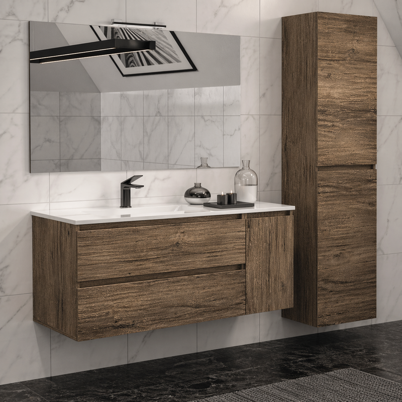 Mobile bagno sospeso Grass 120 cm con lavabo, colonna e specchio LED - Olmo Sabbia
