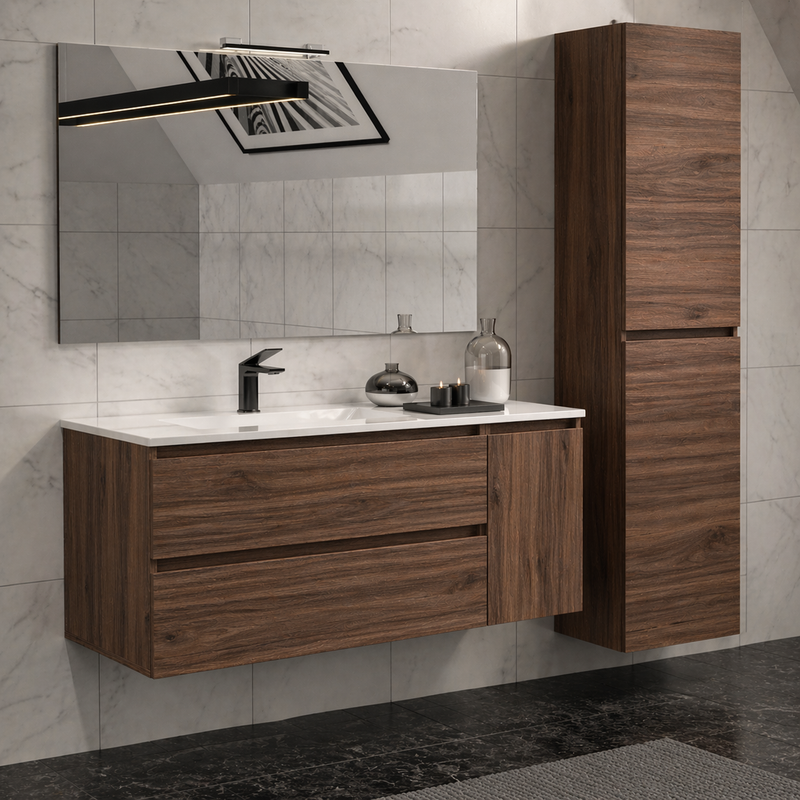 Mobile bagno sospeso Grass 120 cm con lavabo, colonna e specchio LED - Noce