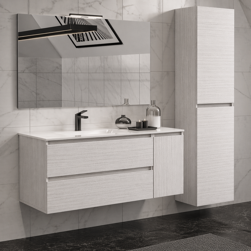 Mobile bagno sospeso Grass 120 cm con lavabo, colonna e specchio LED - Portuna Bianco