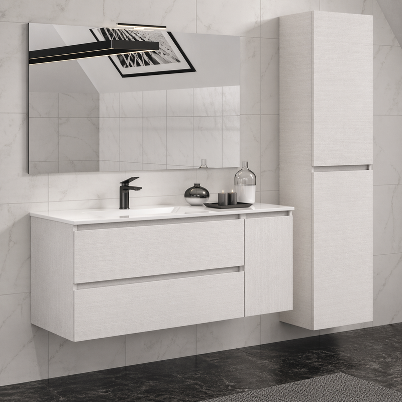 Mobile bagno sospeso Grass 120 cm con lavabo, colonna e specchio LED - Bianco Frassino