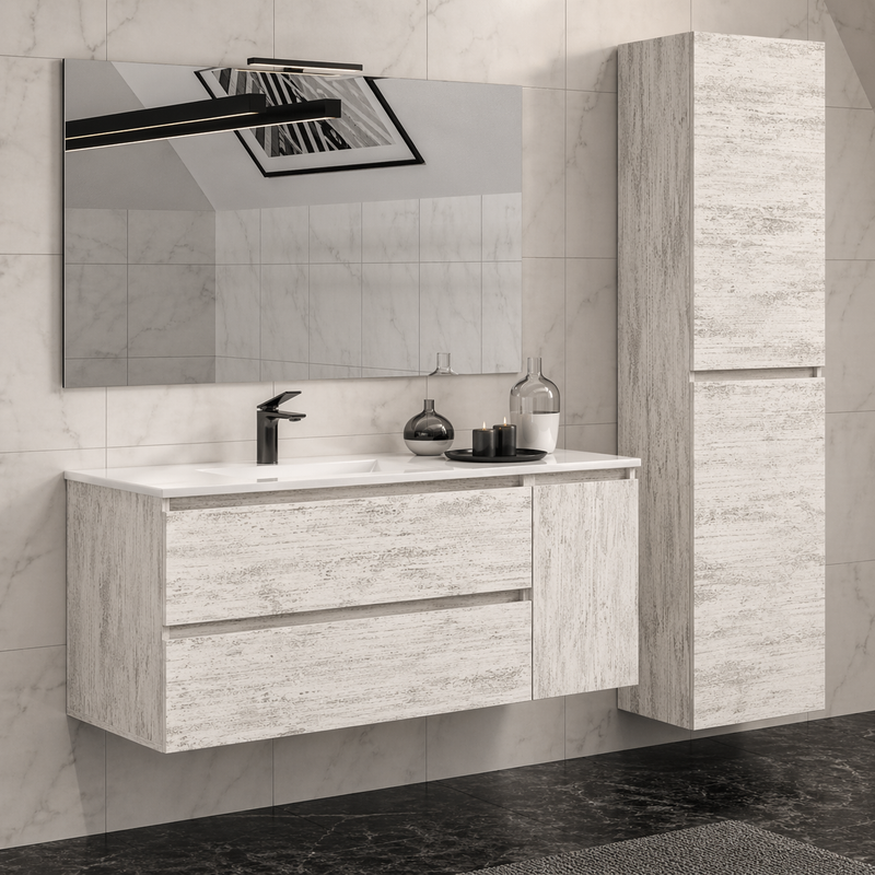 Mobile bagno sospeso Grass 120 cm con lavabo, colonna e specchio LED - Bianco Vintage