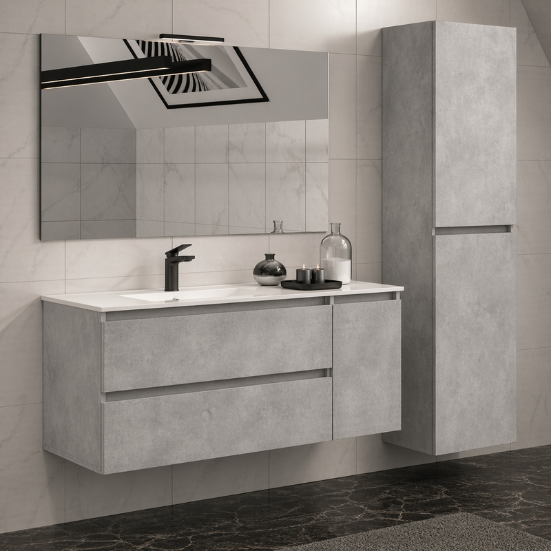 Mobile bagno sospeso Grass 120 cm con lavabo, colonna e specchio LED - Cemento Chiaro