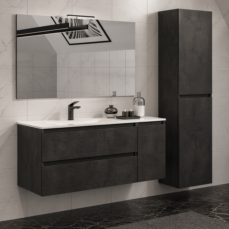 Mobile bagno sospeso Grass 120 cm con lavabo, colonna e specchio LED - Cemento Scuro