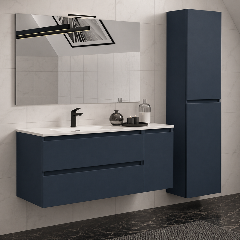 Mobile bagno sospeso Grass 120 cm con lavabo, colonna e specchio LED - Blu Capri
