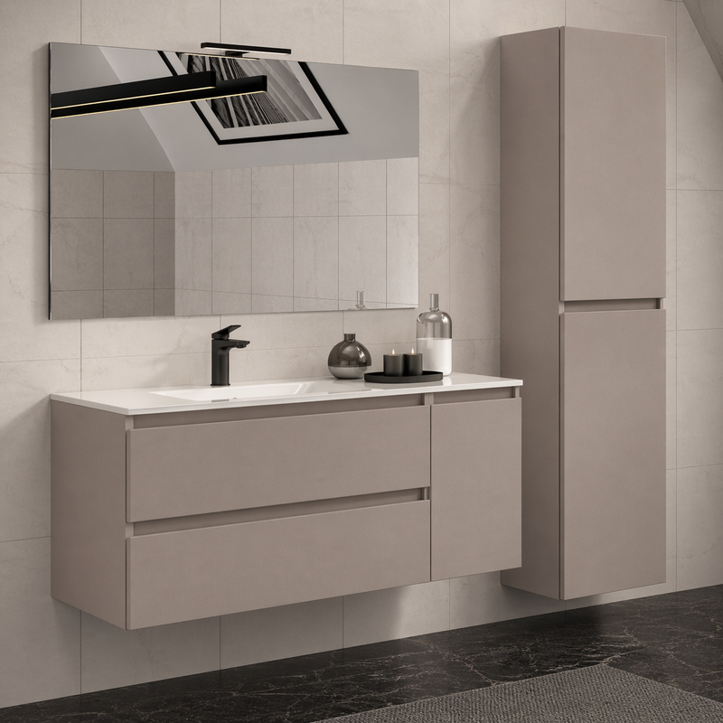 Mobile bagno sospeso Grass 120 cm con lavabo, colonna e specchio LED - Cashmere