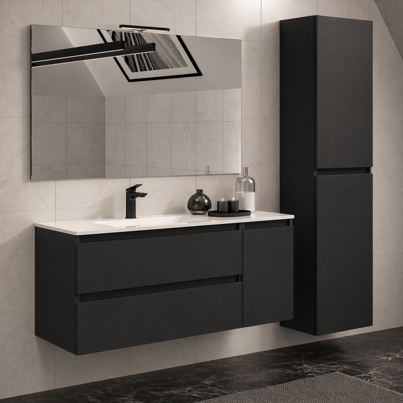 Mobile bagno sospeso Grass 120 cm con lavabo, colonna e specchio LED - Nero Sabbiato