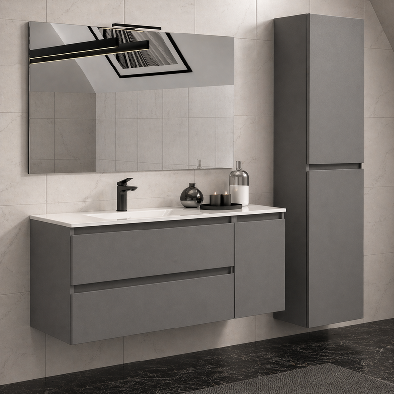 Mobile bagno sospeso Grass 120 cm con lavabo, colonna e specchio LED - Grigio Londra