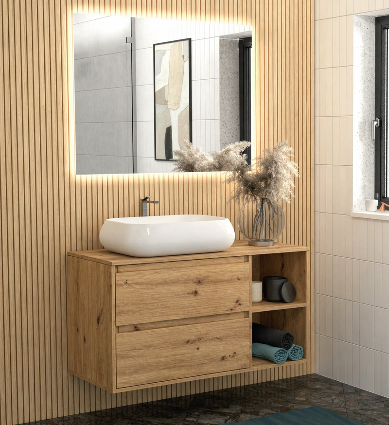 Mobile bagno sospeso Ginevra 90 cm con lavabo appoggio e specchio LED - Rovere Nodato