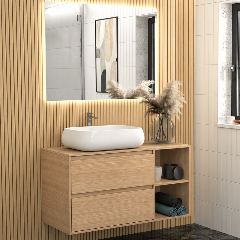 Mobile bagno sospeso Ginevra 90 cm con lavabo appoggio e specchio LED - Rovere Americano