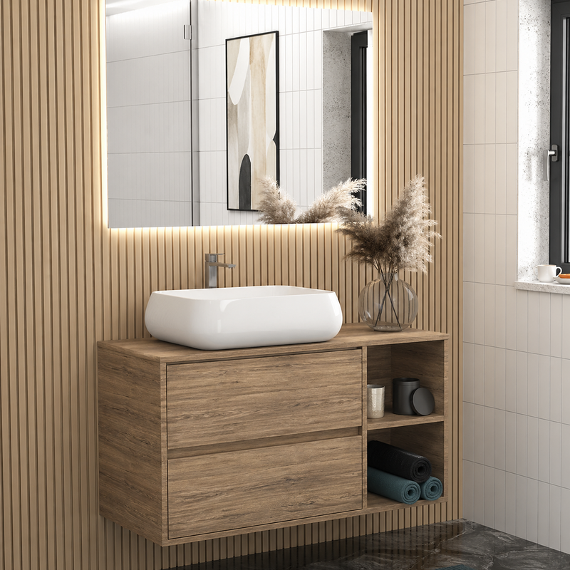 Mobile bagno sospeso Ginevra 90 cm con lavabo appoggio e specchio LED - Olmo Sabbia