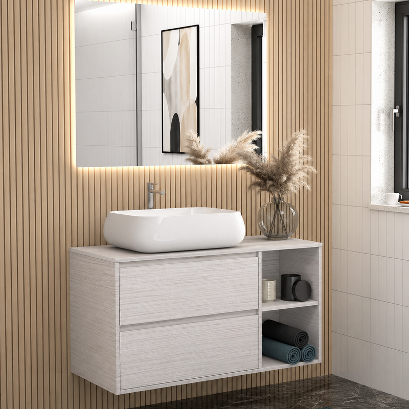 Mobile bagno sospeso Ginevra 90 cm con lavabo appoggio e specchio LED - Portuna Bianco