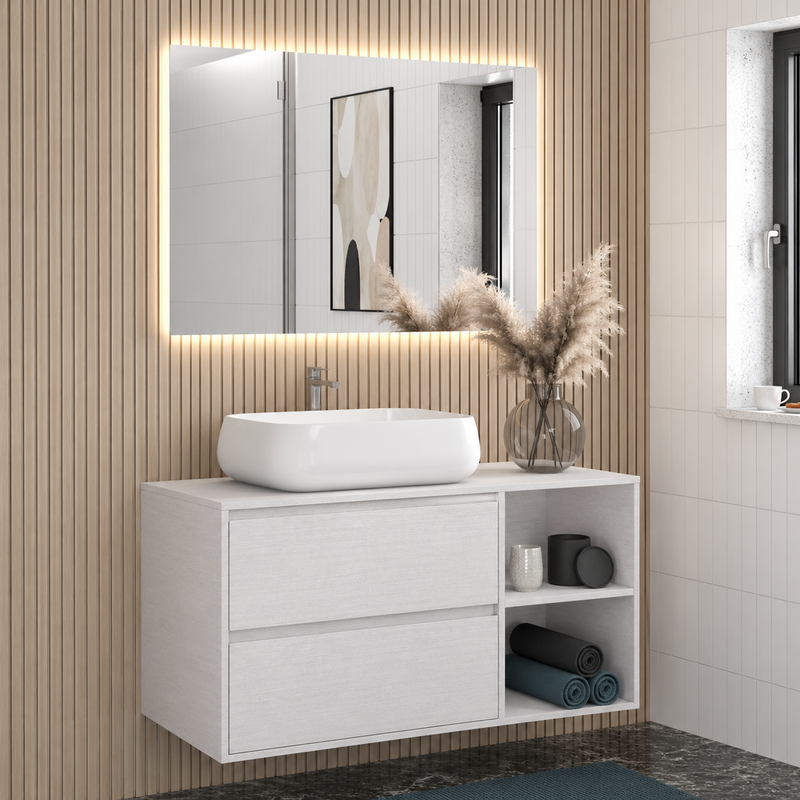 Mobile bagno sospeso Ginevra 90 cm con lavabo appoggio e specchio LED - Bianco Frassino