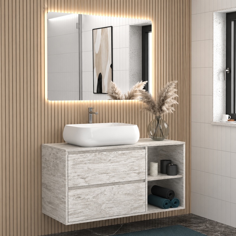 Mobile bagno sospeso Ginevra 90 cm con lavabo appoggio e specchio LED - Bianco Vintage