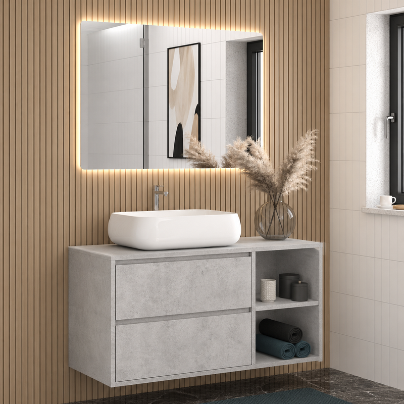 Mobile bagno sospeso Ginevra 90 cm con lavabo appoggio e specchio LED - Cemento Chiaro