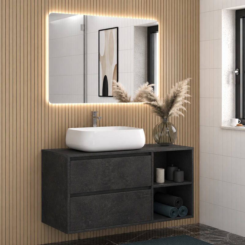 Mobile bagno sospeso Ginevra 90 cm con lavabo appoggio e specchio LED - Cemento Scuro