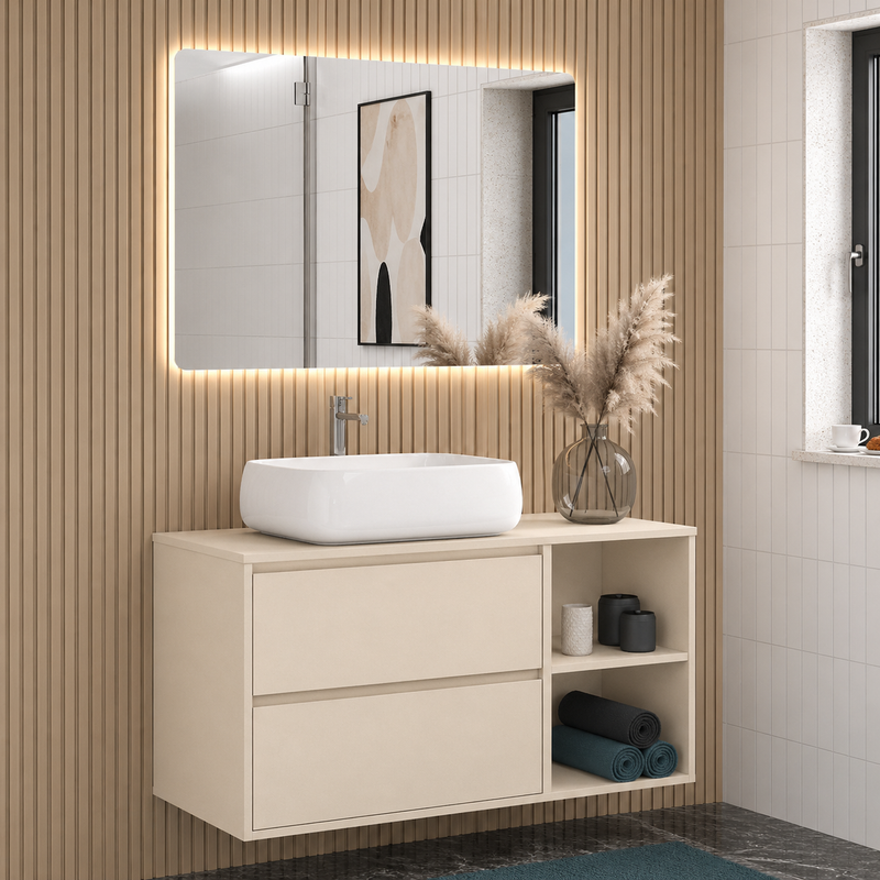 Mobile bagno sospeso Ginevra 90 cm con lavabo appoggio e specchio LED - Pianta di Vaniglia