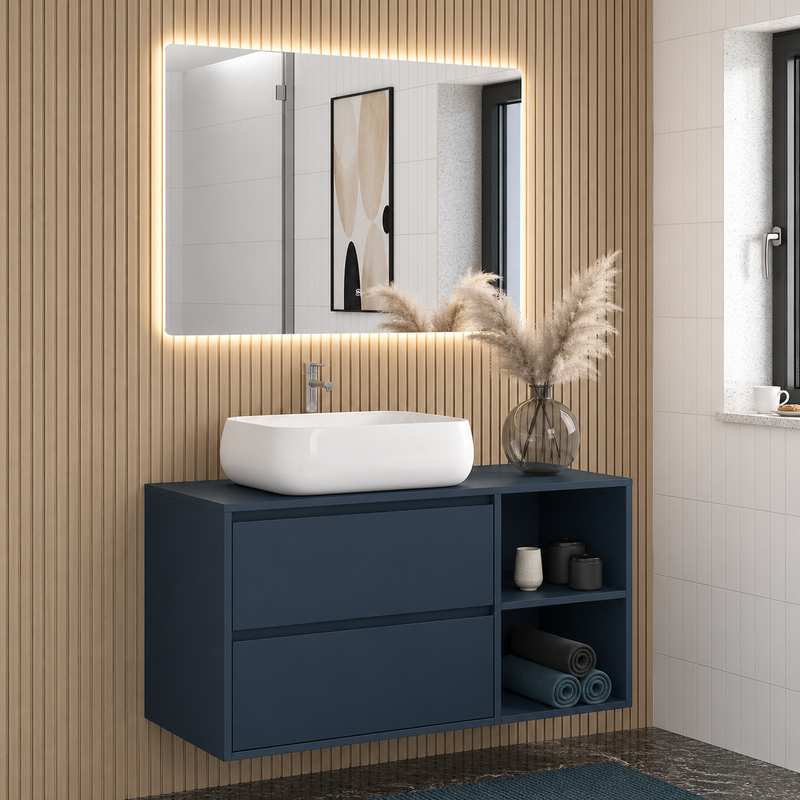 Mobile bagno sospeso Ginevra 90 cm con lavabo appoggio e specchio LED - Blu Capri