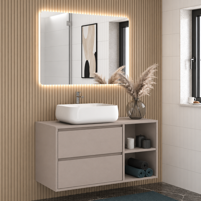 Mobile bagno sospeso Ginevra 90 cm con lavabo appoggio e specchio LED - Cashmere