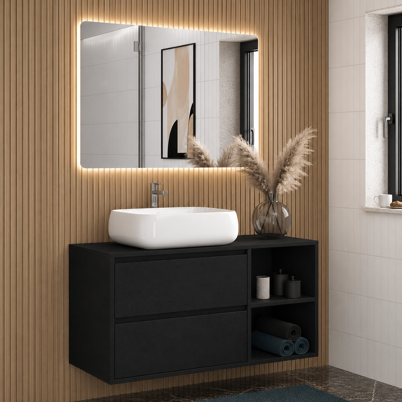 Mobile bagno sospeso Ginevra 90 cm con lavabo appoggio e specchio LED - Nero Sabbiato