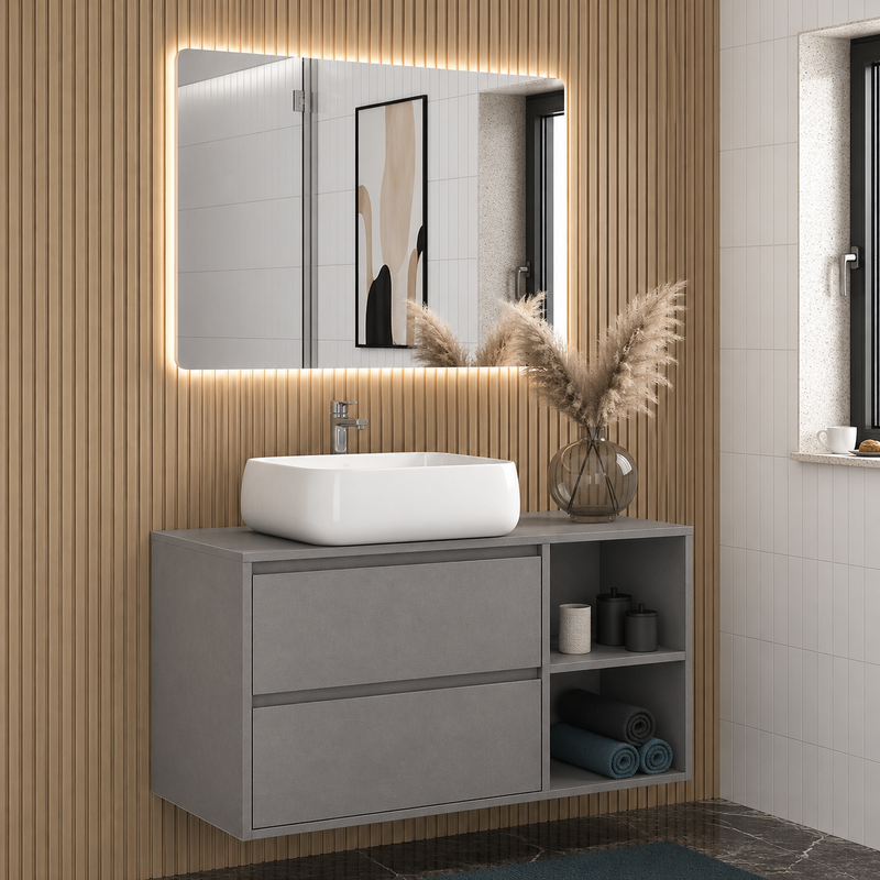 Mobile bagno sospeso Ginevra 90 cm con lavabo appoggio e specchio LED - Grigio Londra